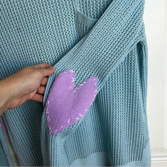 Kerri Rosenthal x Anthropologie Blue Open Knit Heart Elbow Patches Sweater - Picture 2 of 5
